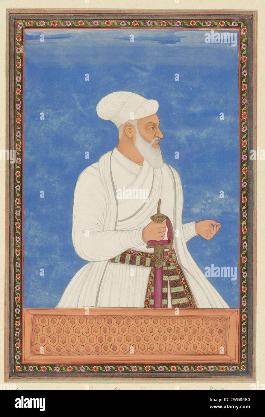 Portrait of Muhammad Amin, who has been a fortress commander (Qal'adar) of Golconda, both in the time of Sultan Abdullah and in the time of Sultan Abul Hasan, c. 1686 drawing. Indian miniature Muhammad Amin is depicted up to his hips, used to the right, with a sword in his right hand. Leaf 33 in the `Witsen-Album ', with 49 Indian miniatures of princes. Above the portrait a piece of paper with the name in Persian. Under the portrait a piece of paper with the name in the Portuguese. Golkonda paper. deck paint. gold leaf. gouache (paint) brush ruler, sovereign. historical person (...) - historic Stock Photo